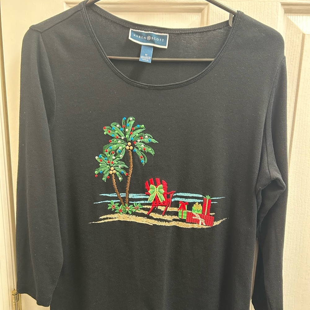 Karen Scott Black Holiday Top with Tropical Embroidery